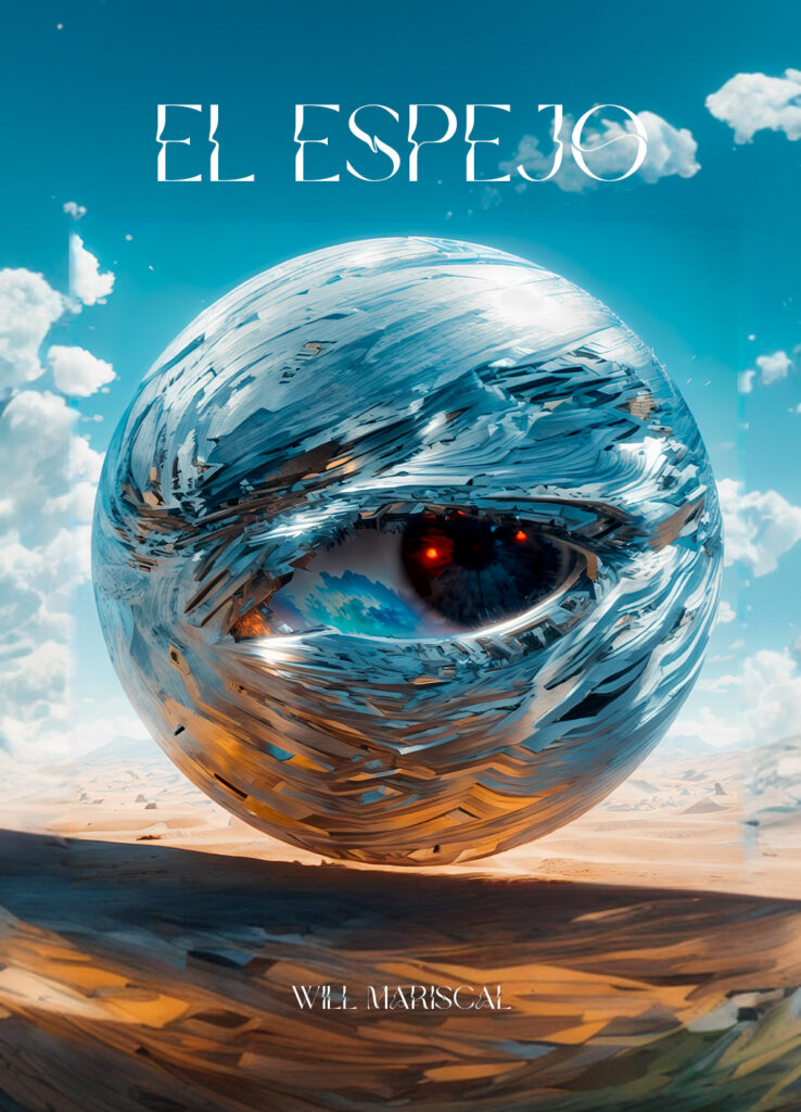 portada del libro el espejo, ojo flotando en la tierra, en una esfera en forma de espejo